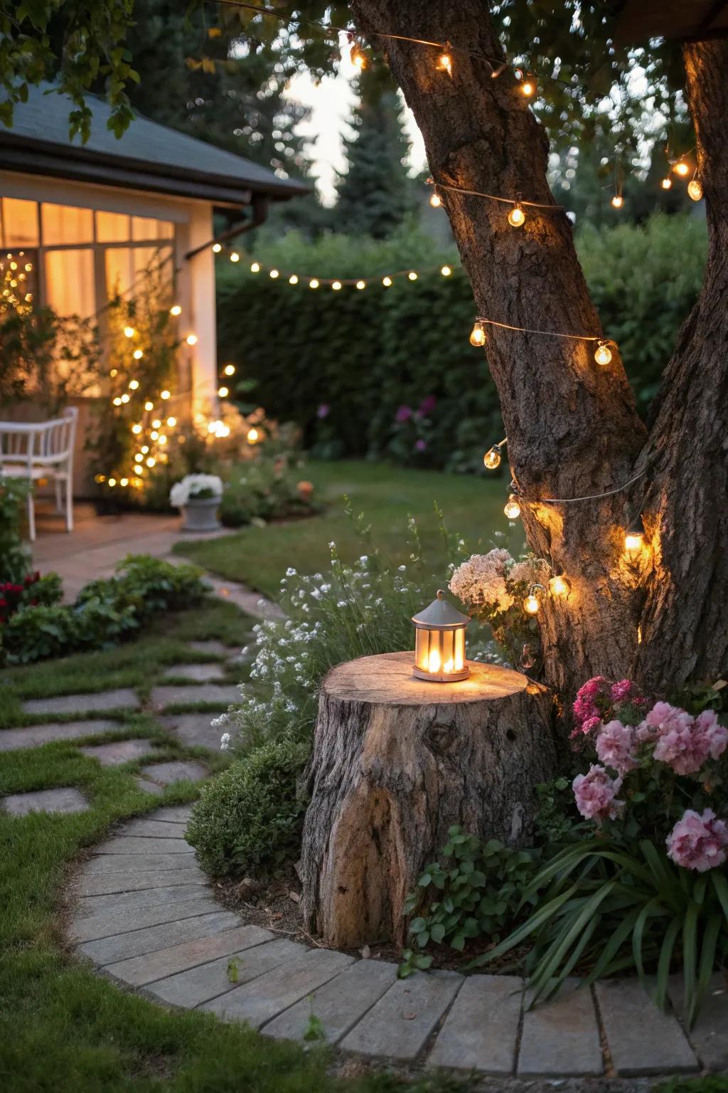Exterior luminaries encompassing a stump amplify the nocturnal atmosphere.