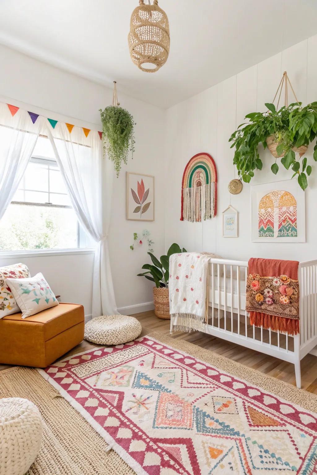 Boho aesthetics incorporating radiant ivories cultivate a fresh and gender-neutral nursery.