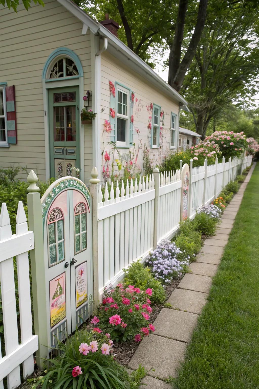 A whimsical picket fence with sketched facade and entrance illusions.