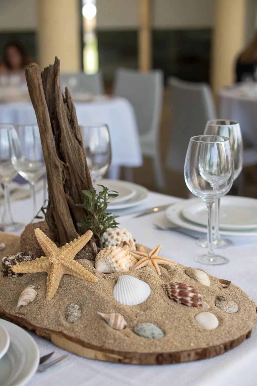 A nautical centerpiece with sea shells and driftwood.