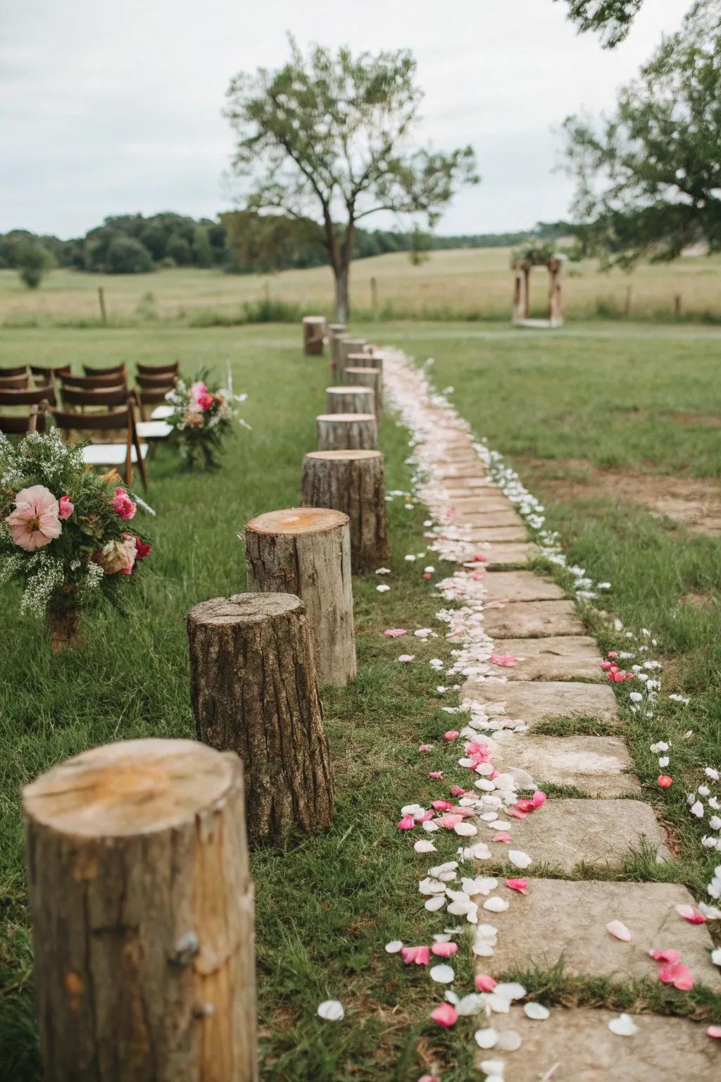 A wedding aisle beautifully ornamented with natural elements.