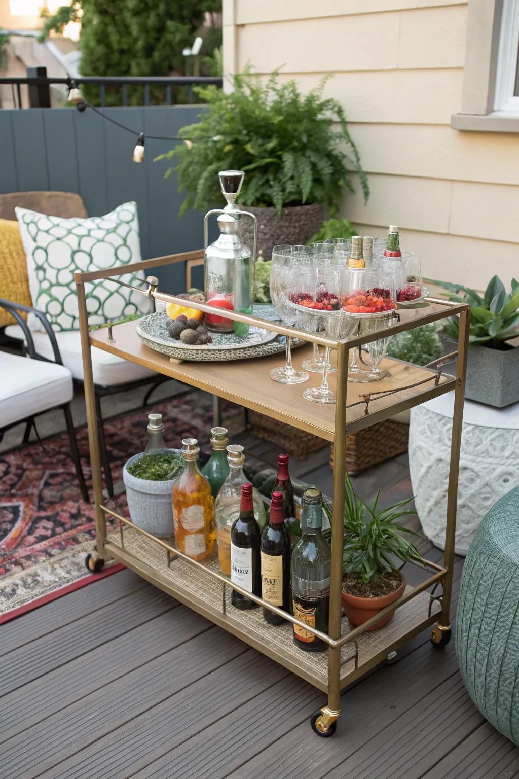 A beverage station keeps the party lively on a small patio.