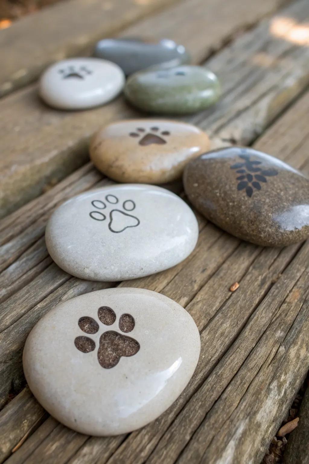 Engraved pocket charms with paw prints for comfort.