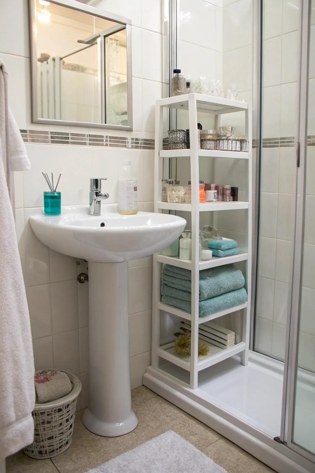 Suction shelves offer extra storage.