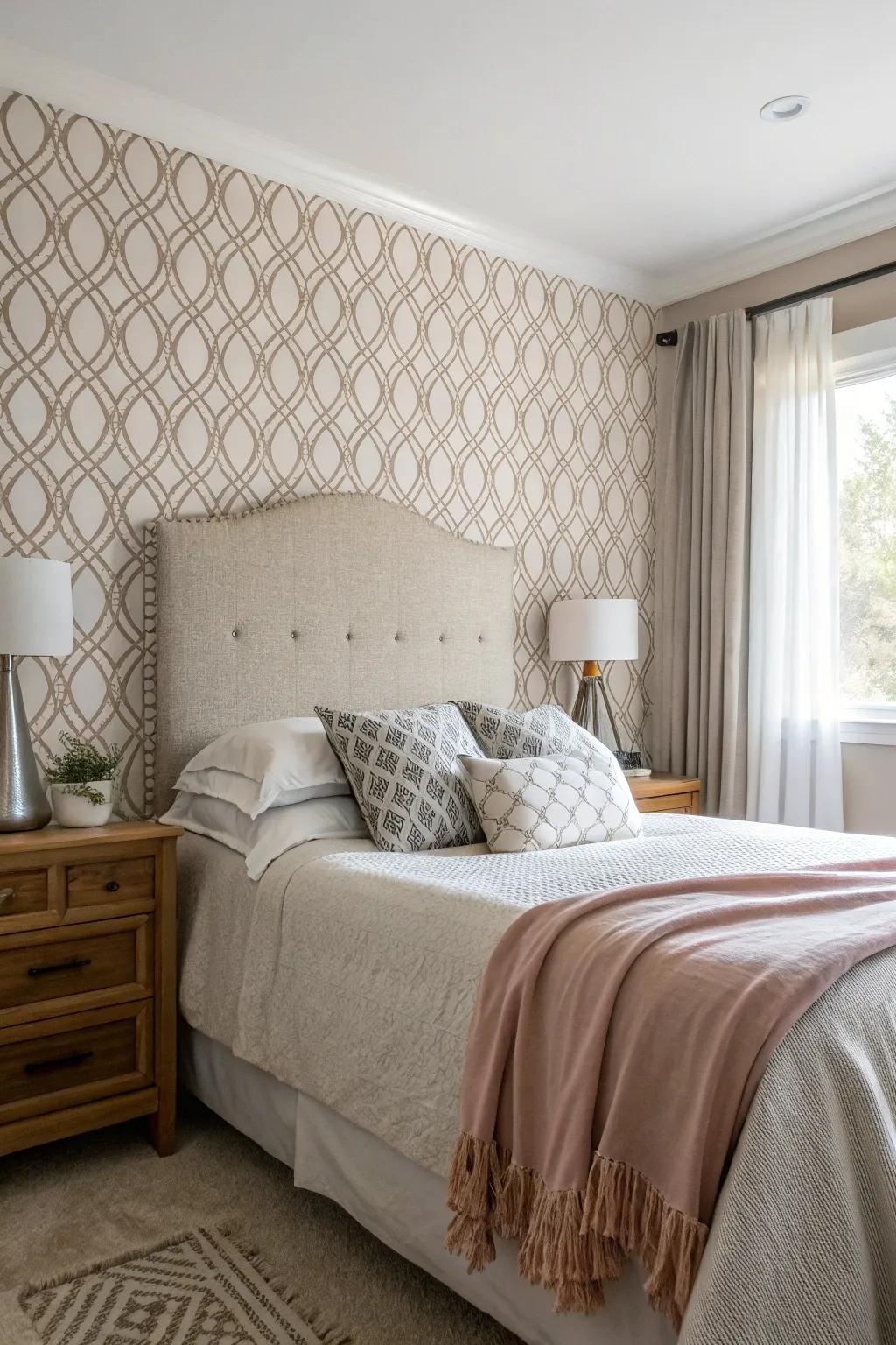 Create an endearing imitation headboard through wallpaper elegance.