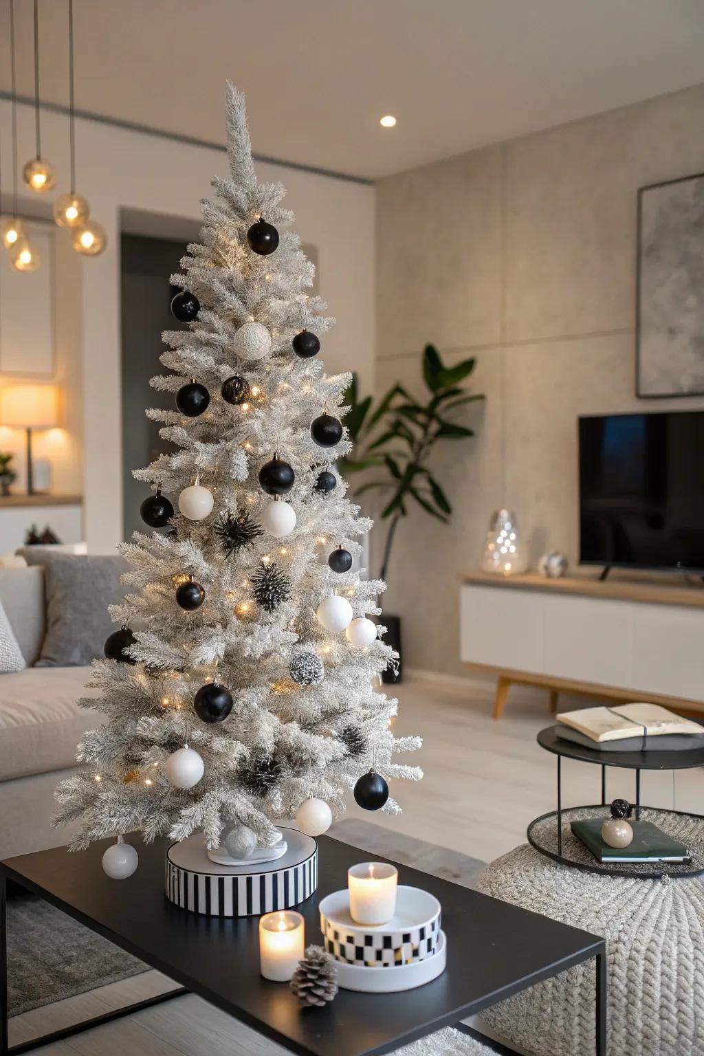 Sophisticated black and white decorations create a chic slim tree.