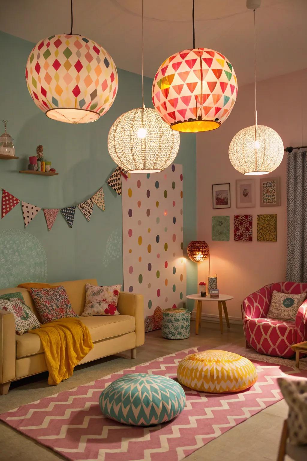 Patterned pendants append a caprice-like intimation to your expanse.