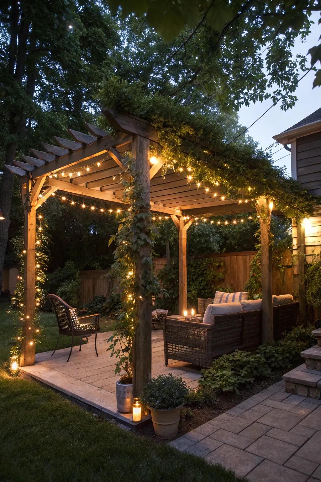 Espaliers with illumination contribute privacy and a warm effulgence to evening settings.