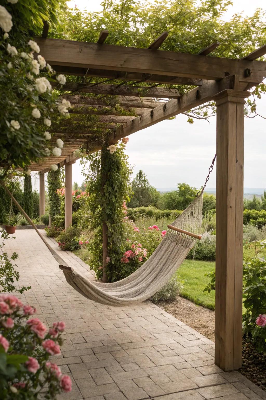 Hammocks offer ultimate relaxation in shaded pergolas.