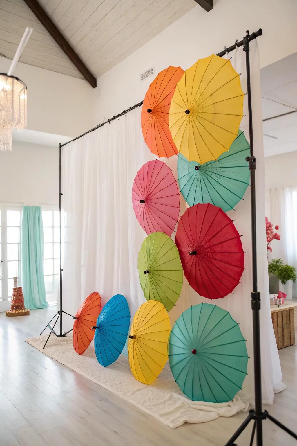 A parasol backdrop fashions a whimsical and artistic ambiance.