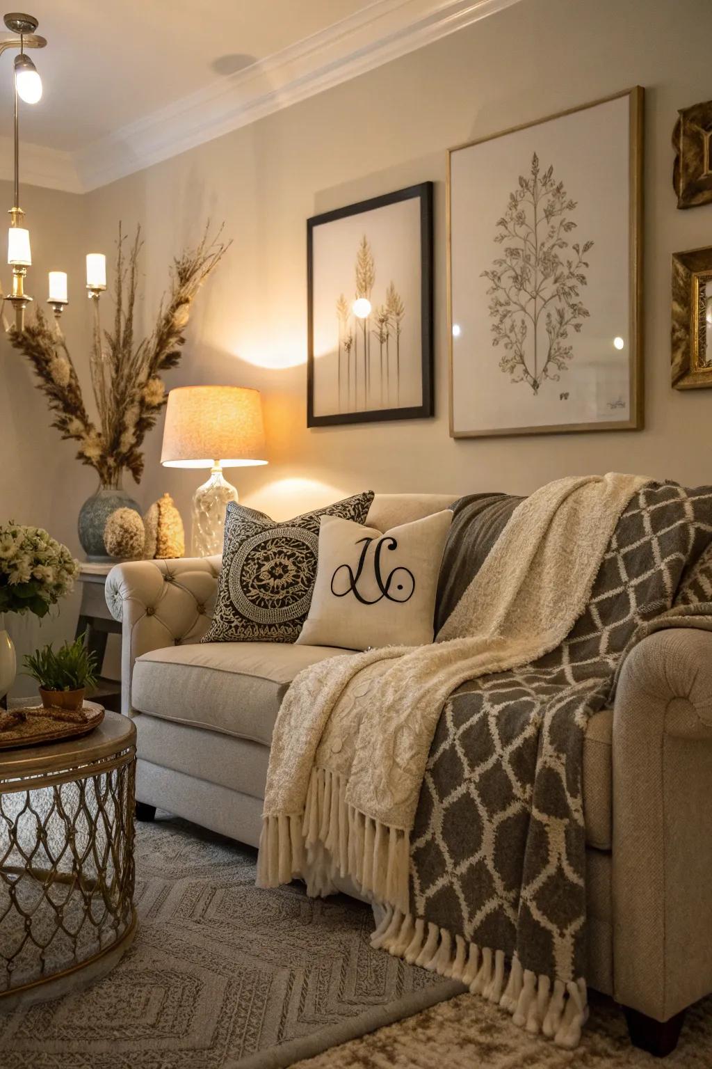 Personalized throws on a couch, adding a unique and personal touch to the decor.