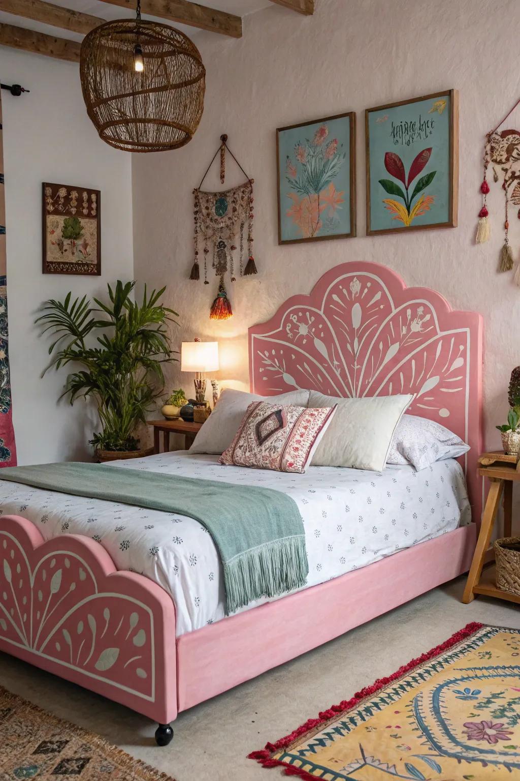A creative and alluring space featuring a painted pink headboard.