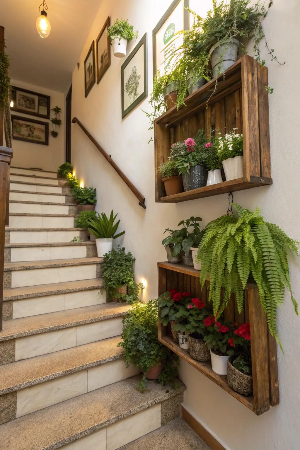 Introduce a vibrant touch with staircase plant shelves.