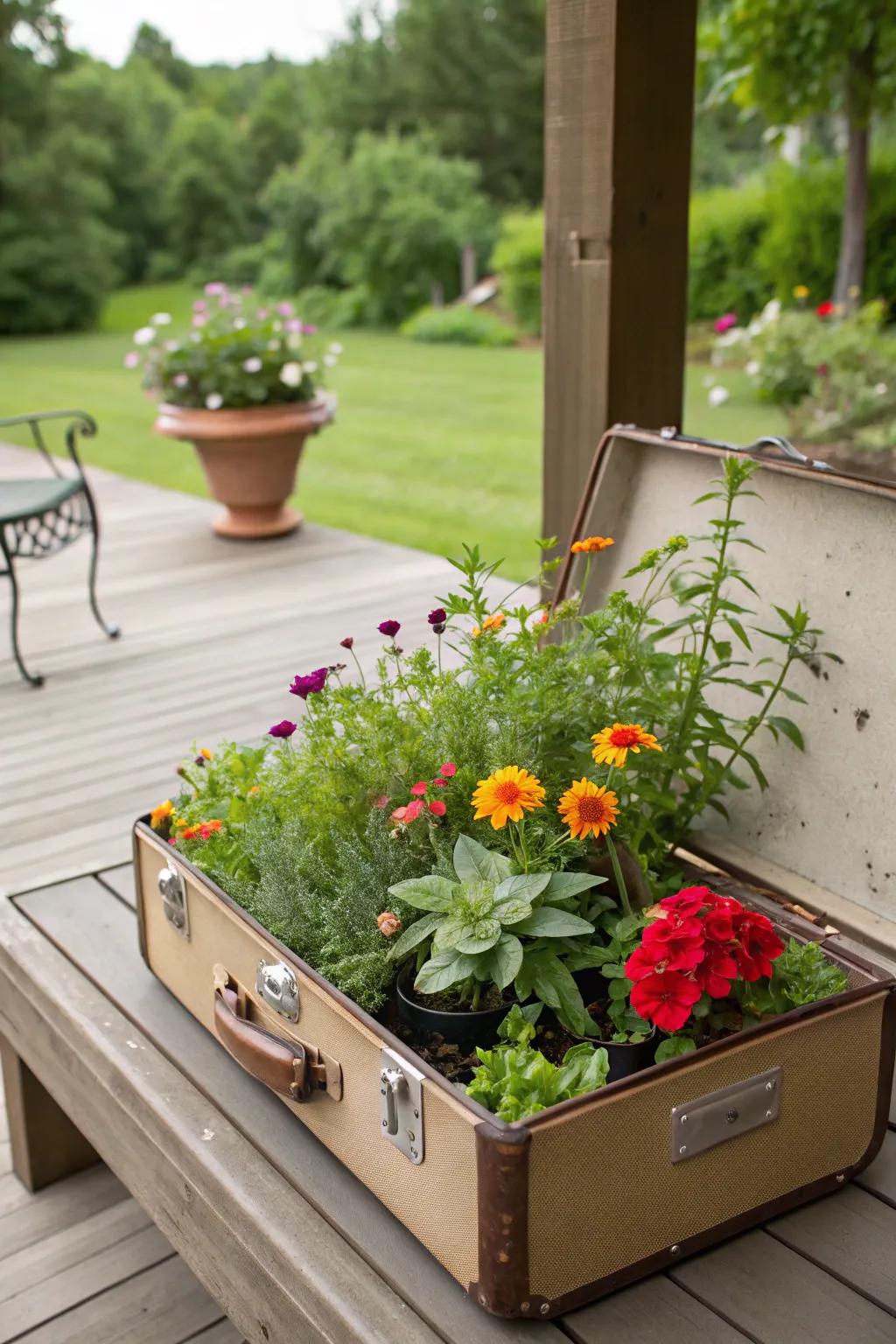 Imbue storybook charm with a vintage travel trunk garden.