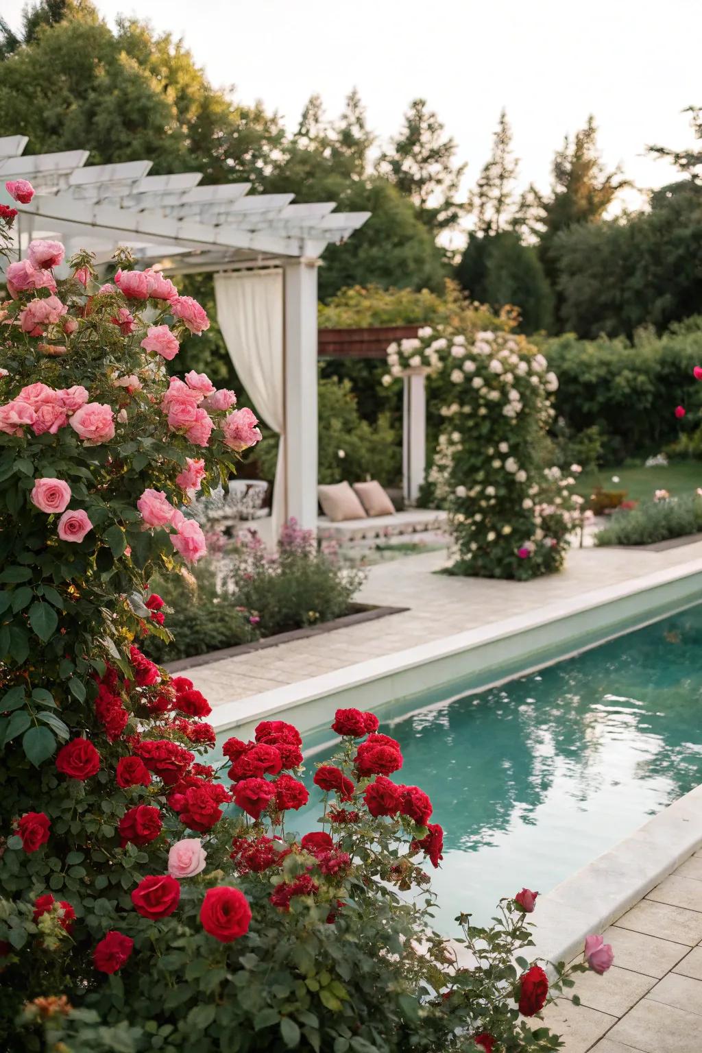 Roses contribute romantic elegance and aroma to the poolside.