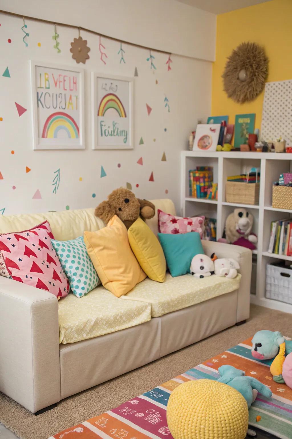 A balanced playroom showcases a vivid and neutral color combination seating arrangement.