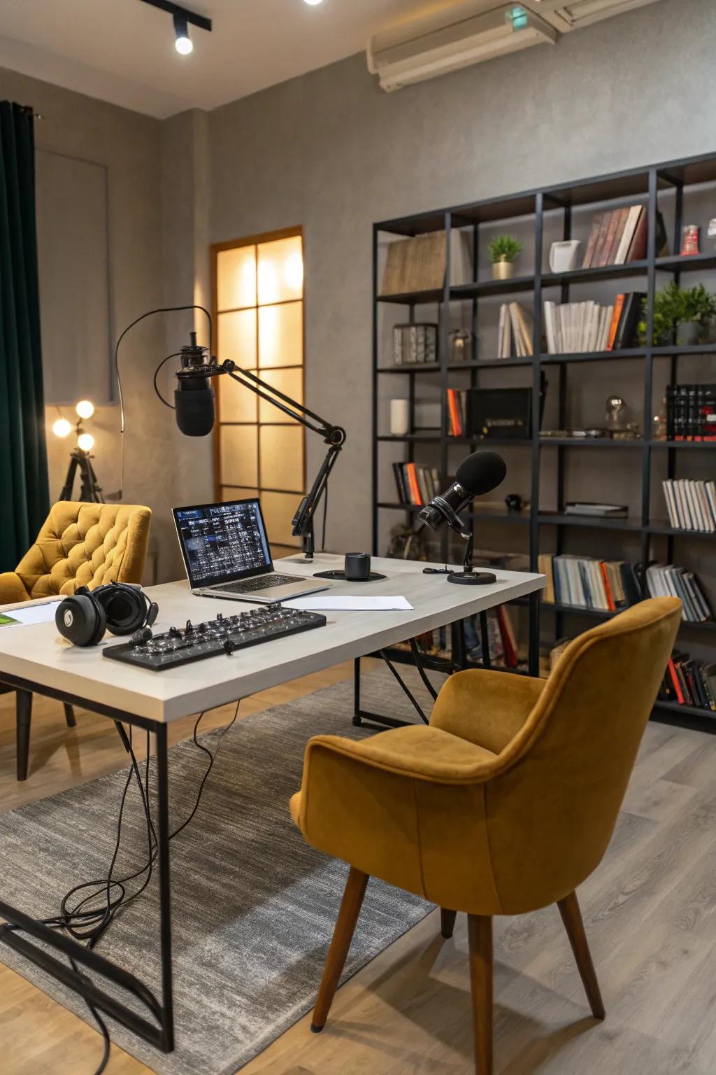 A podcast studio intermixing archival and contemporary styles.