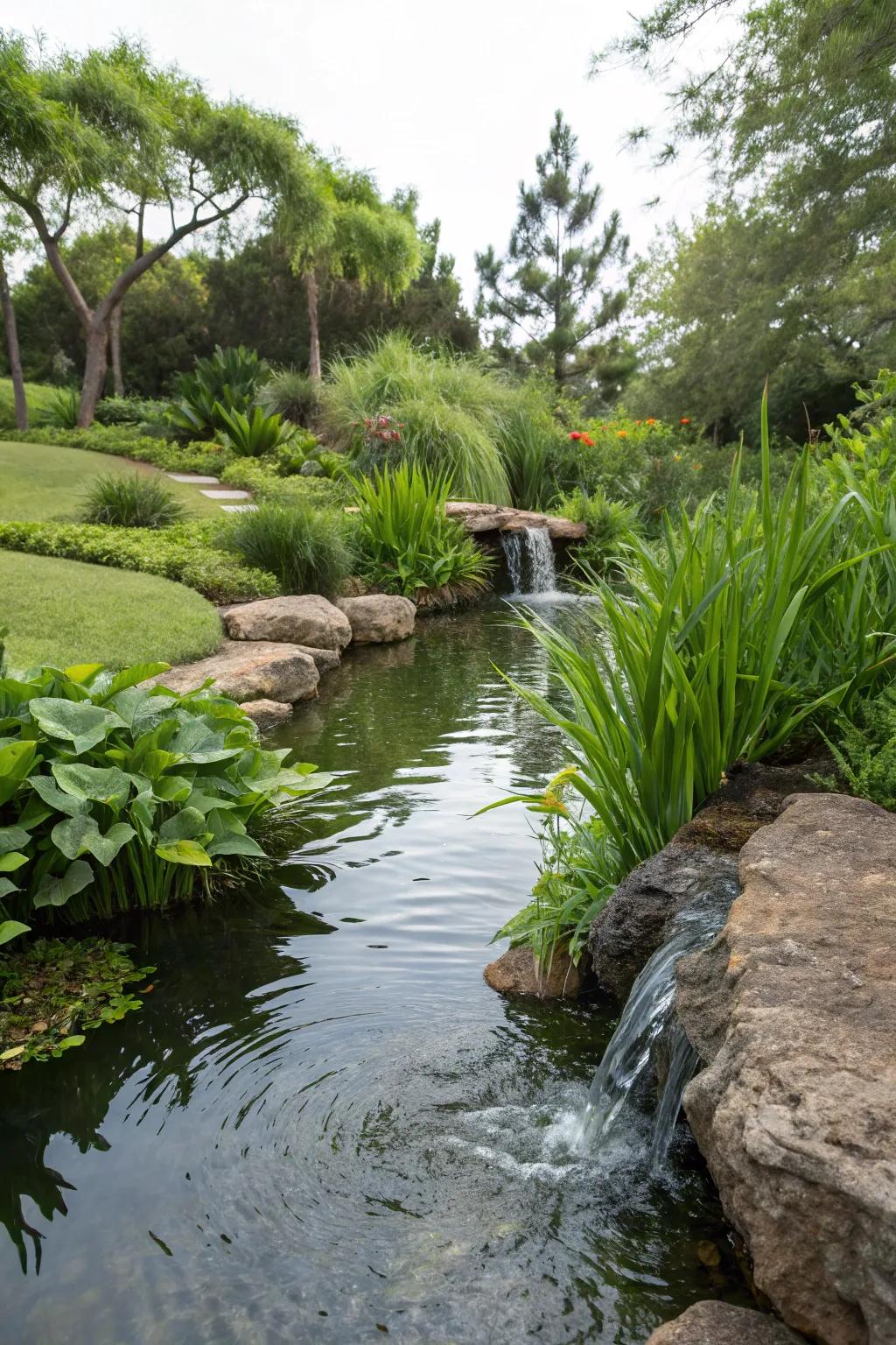 Trickling streams connect differing portions of the pond, fashioning soothing sounds.