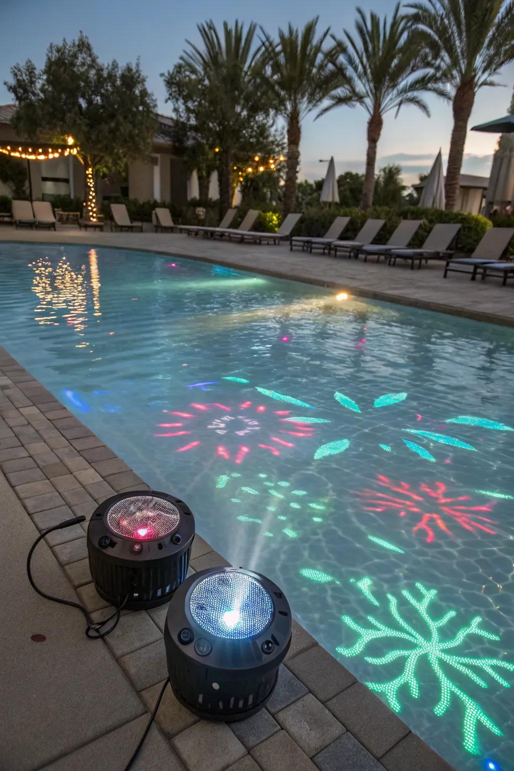 LED projectors create a dynamic visual display on the pool's surface.