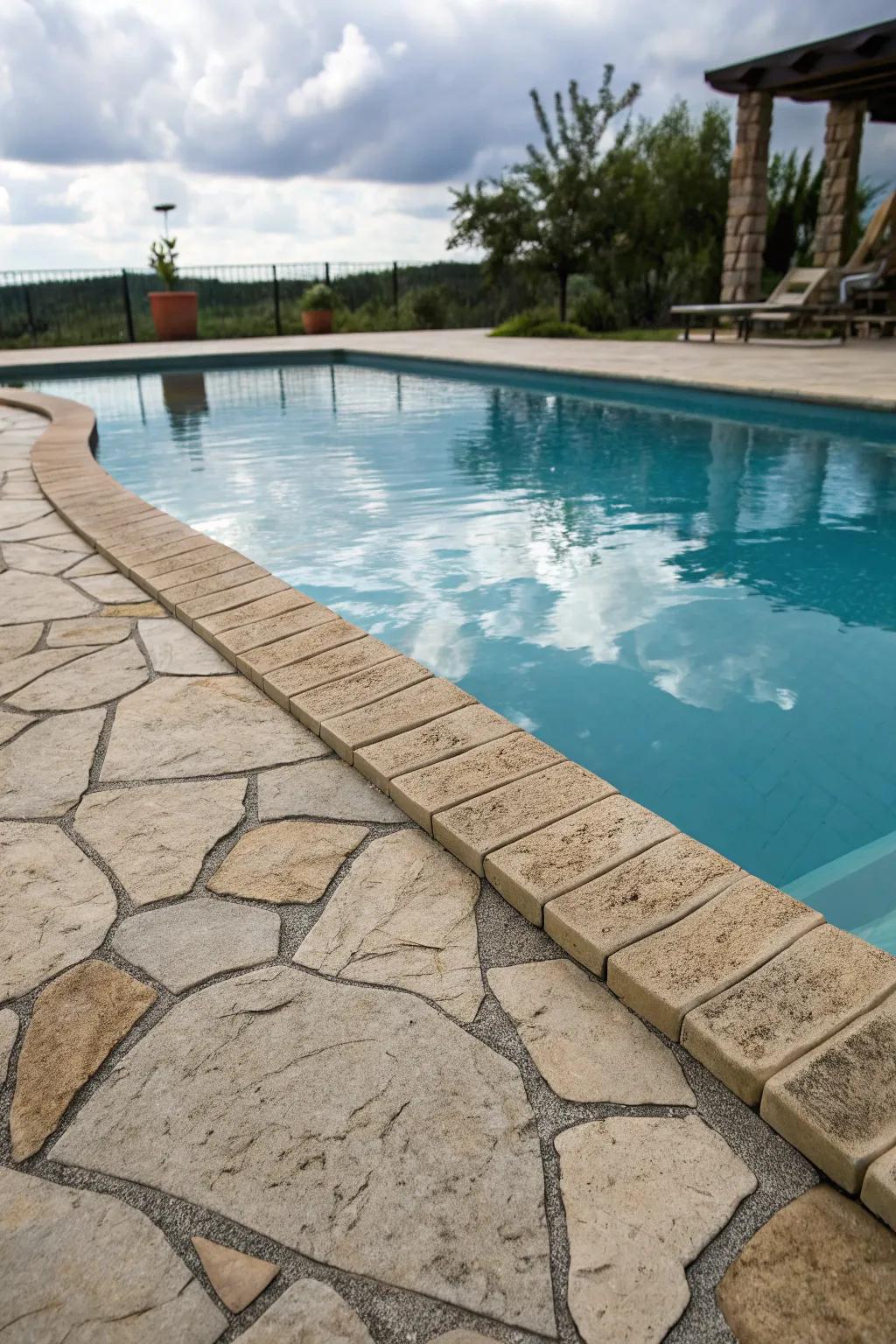 Surfaces with textured finishes in coping enrich safety and visual intrigue.