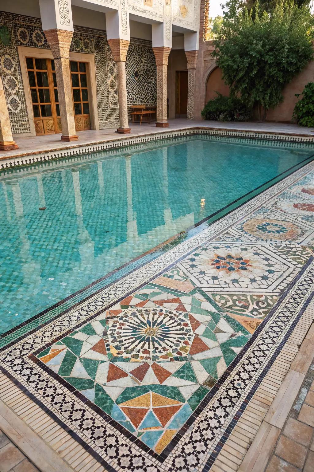 A pool featuring a beautiful tile artistry design.