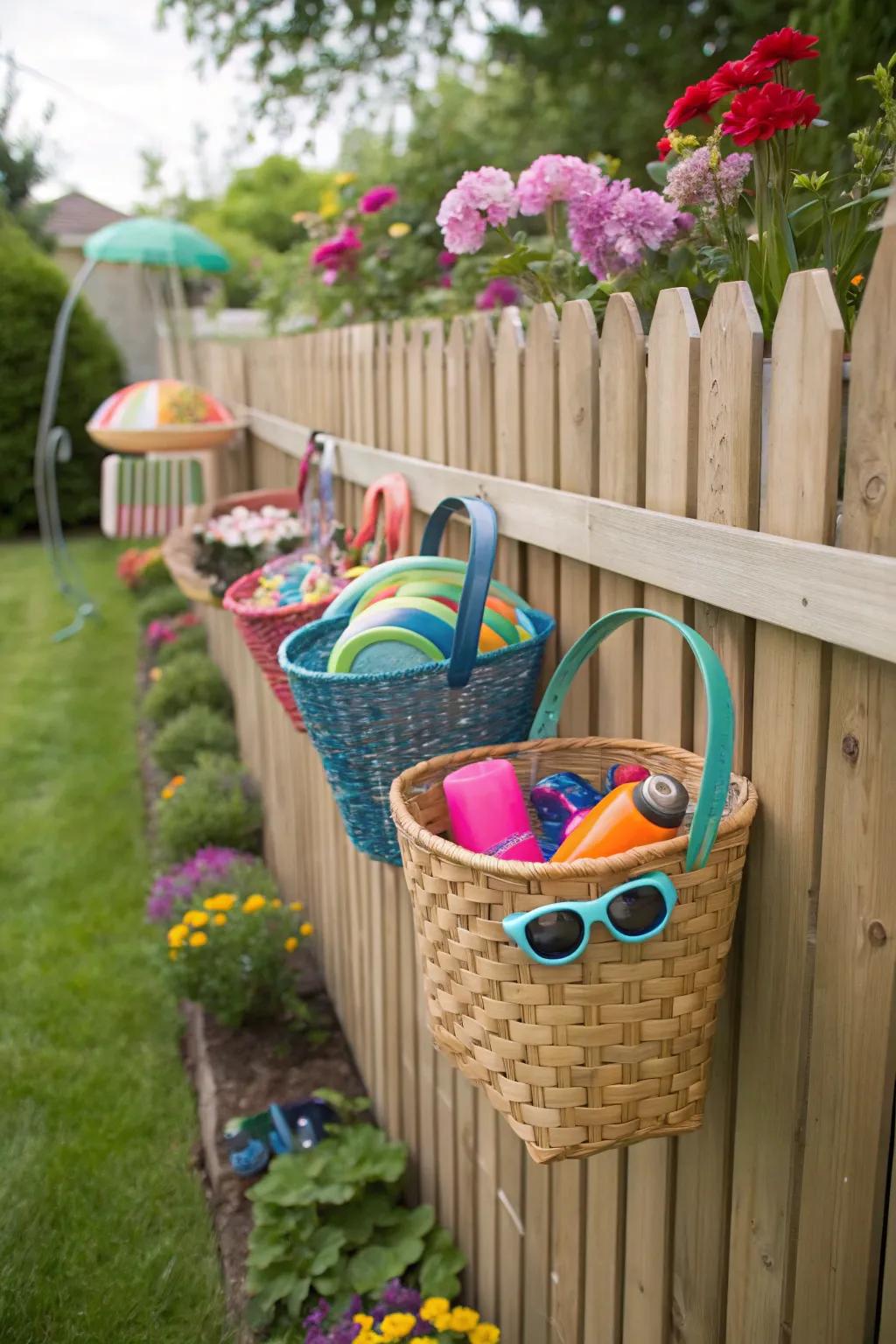 Suspended baskets furnish uncomplicated storage for poolside essentials.