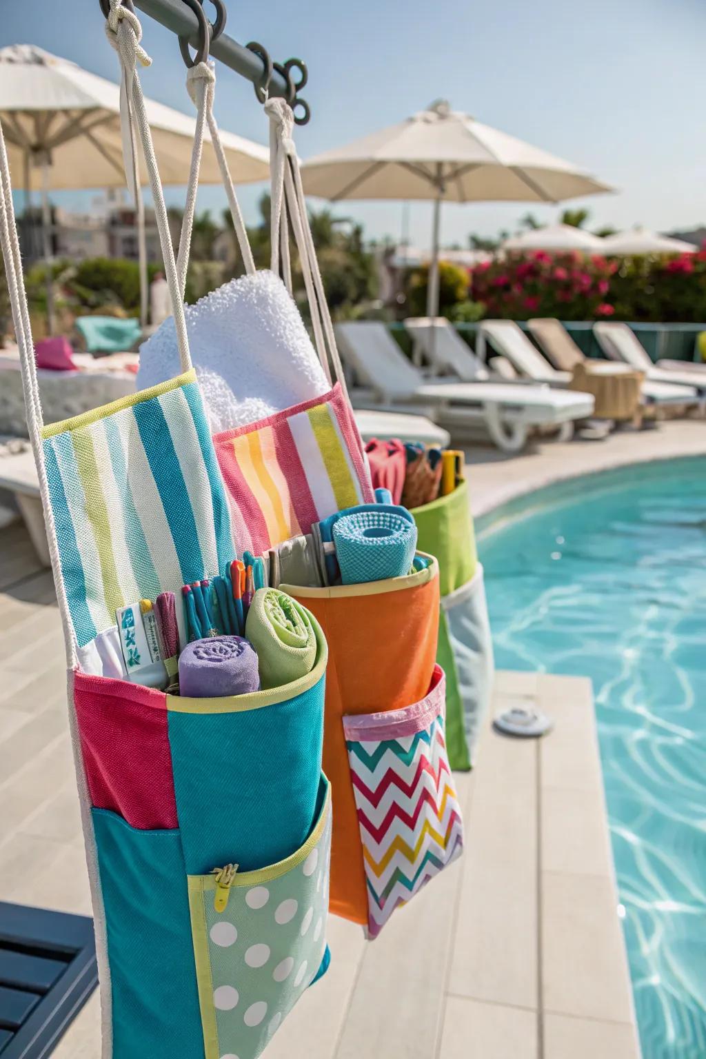 Playful hanging fabric pouches for towel storage.