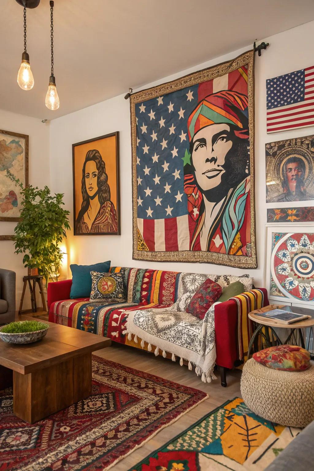 A unique art painting featuring a cultural blend in a bohemian space.
