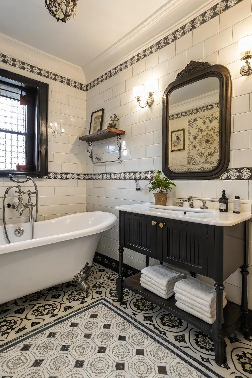 Ebony and ivory ceramic squares furnish an ageless and sophisticated aesthetic in this washroom.