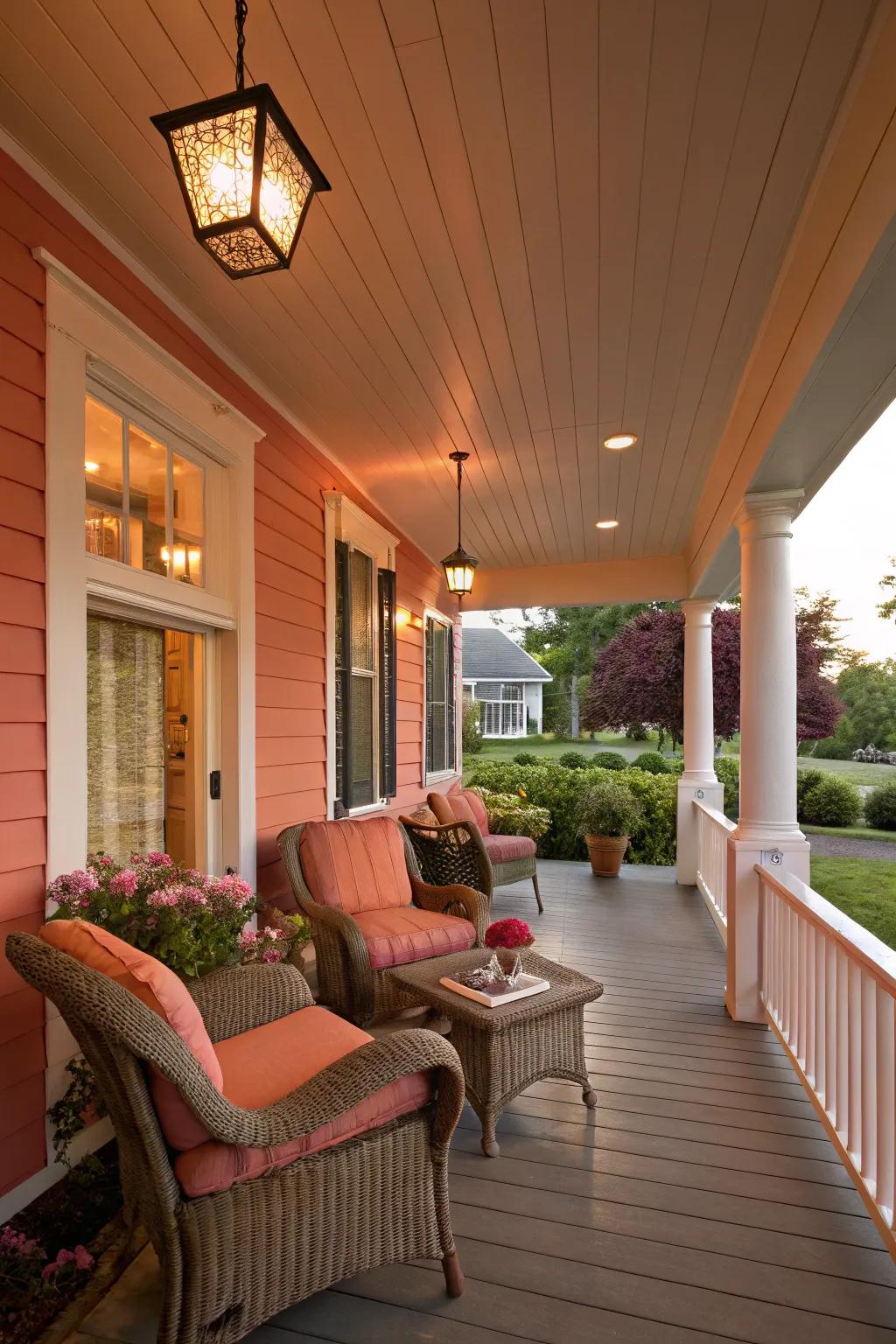 A salmon porch that radiates warmth and hospitality.