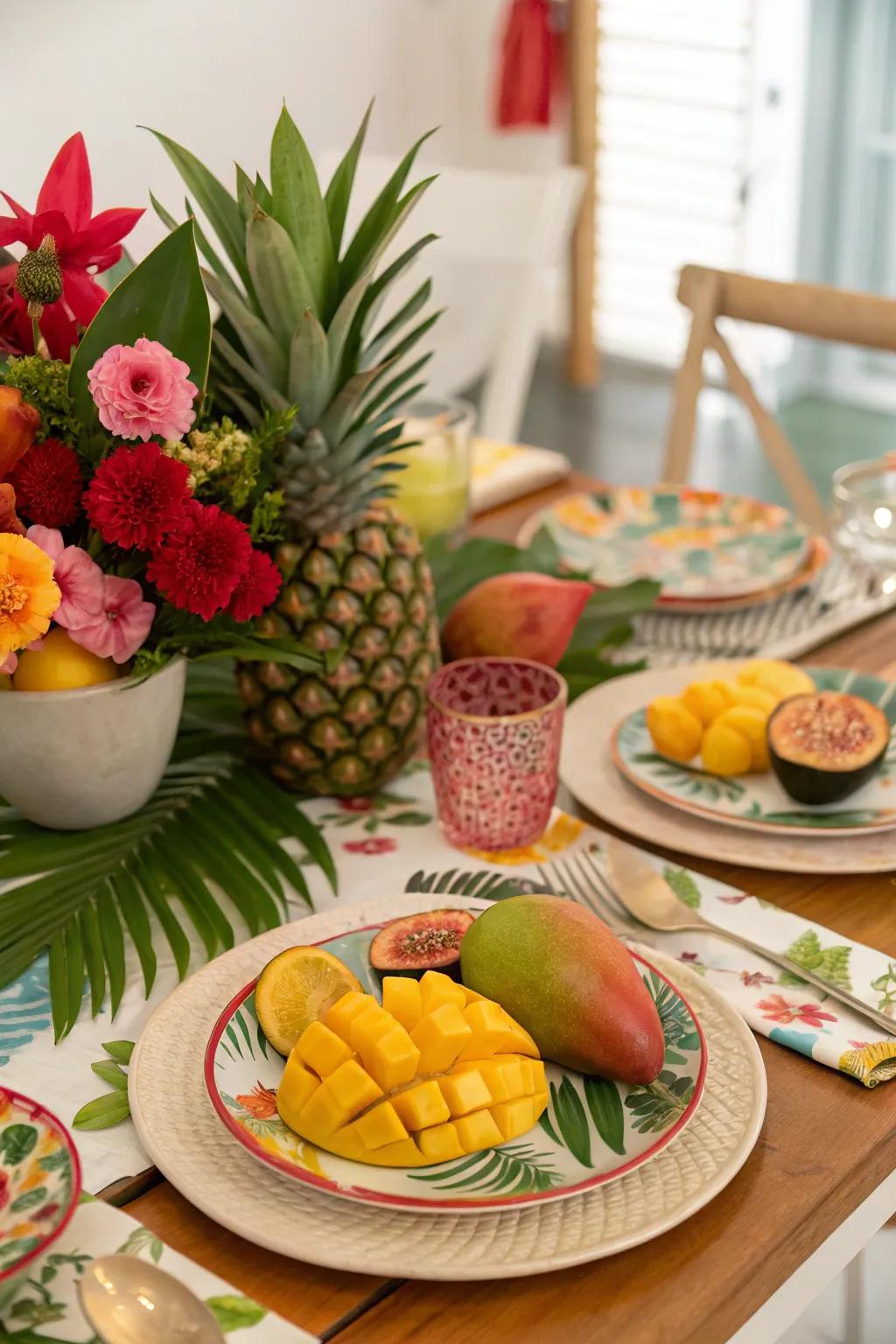 A theme with tropical decor, displaying colorful fruits.