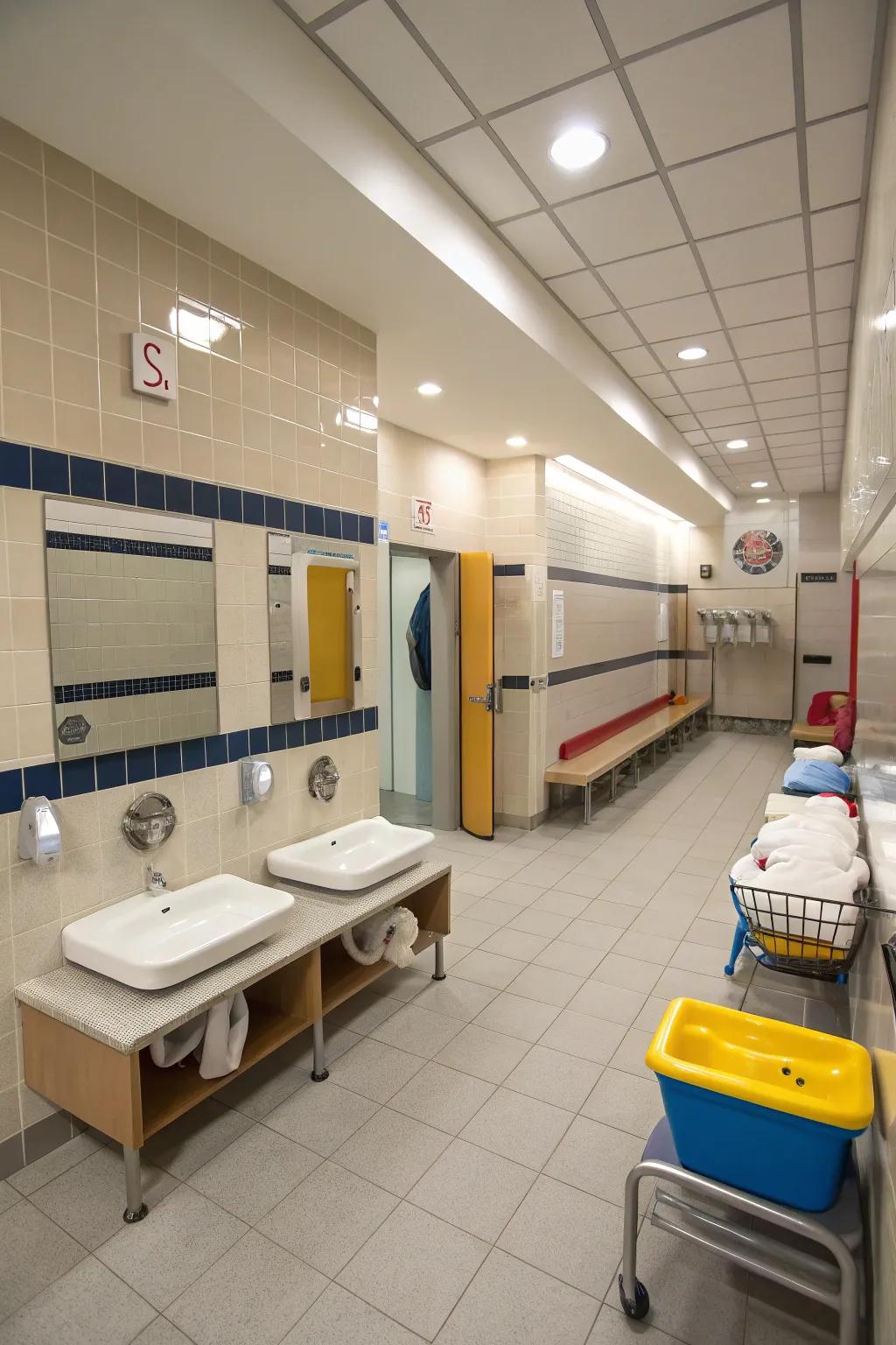 Multi-functional areas add convenience to public restroom design.