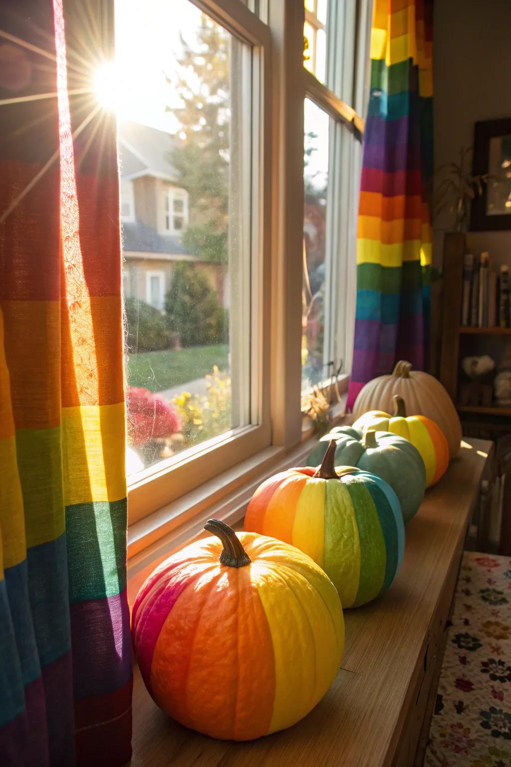 Inject gaiety into your ornamental array through pumpkins painted in rainbow hues.
