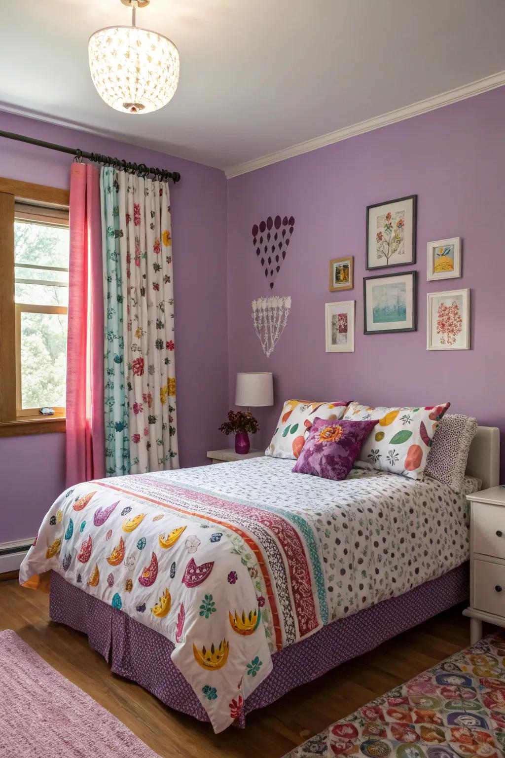 Playful patterns add visual interest to a purple-themed bedroom.