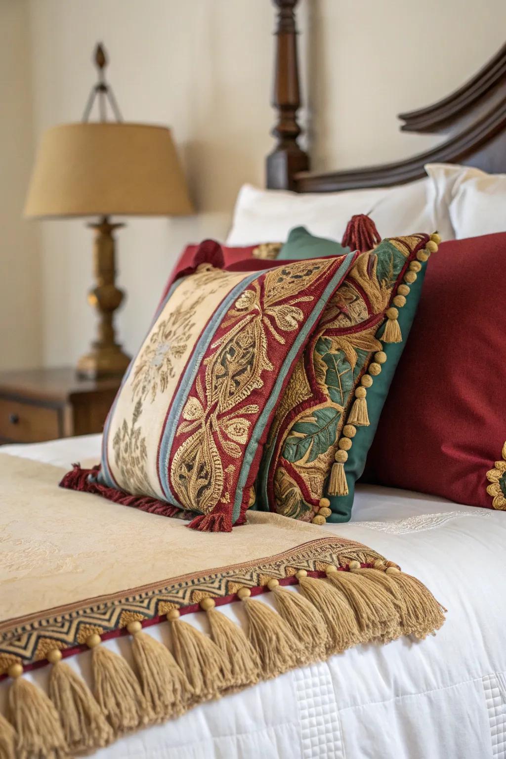 Tassels and fringe give pillow arrangements a bohemian flair.