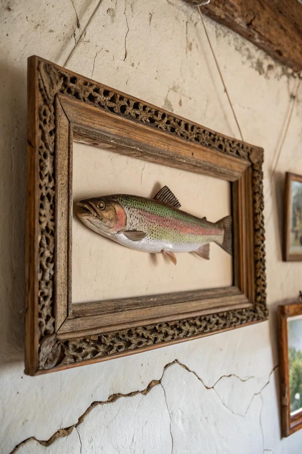 A vintage-inspired frame lends a timeless appeal to the rainbow trout mount, enhancing its artistic value.