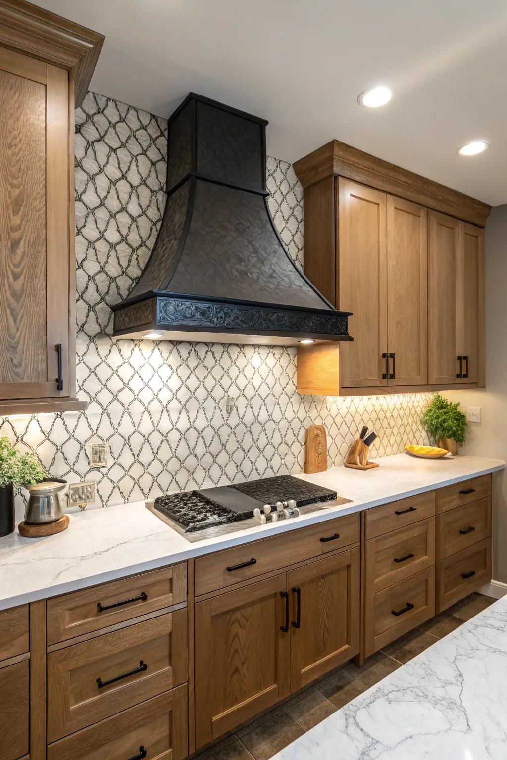 Kitchen showcasing striking contrast between a vent hood and backsplash for dramatic expression.