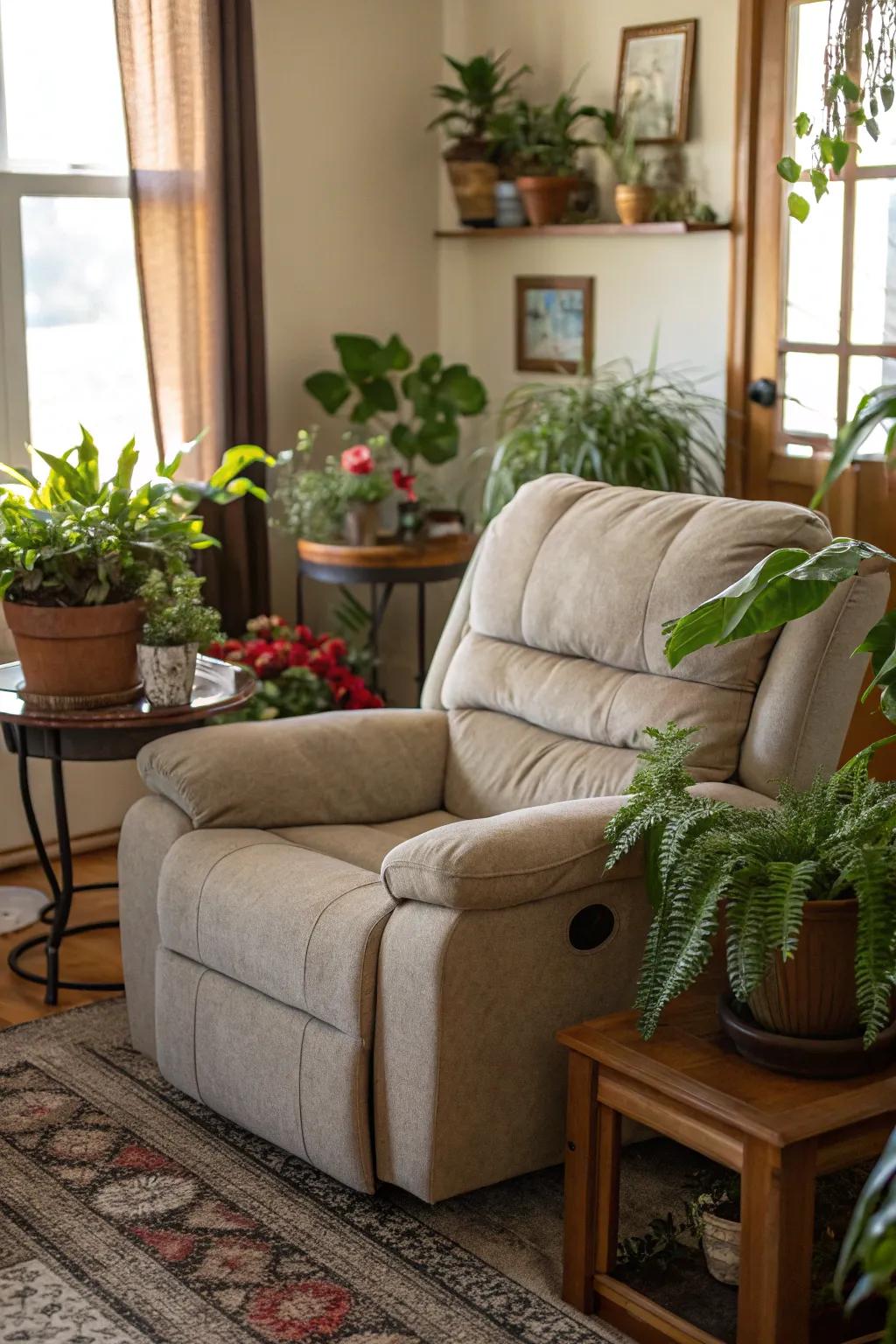 A vibrant family room with flora complementing the reclining sofa.
