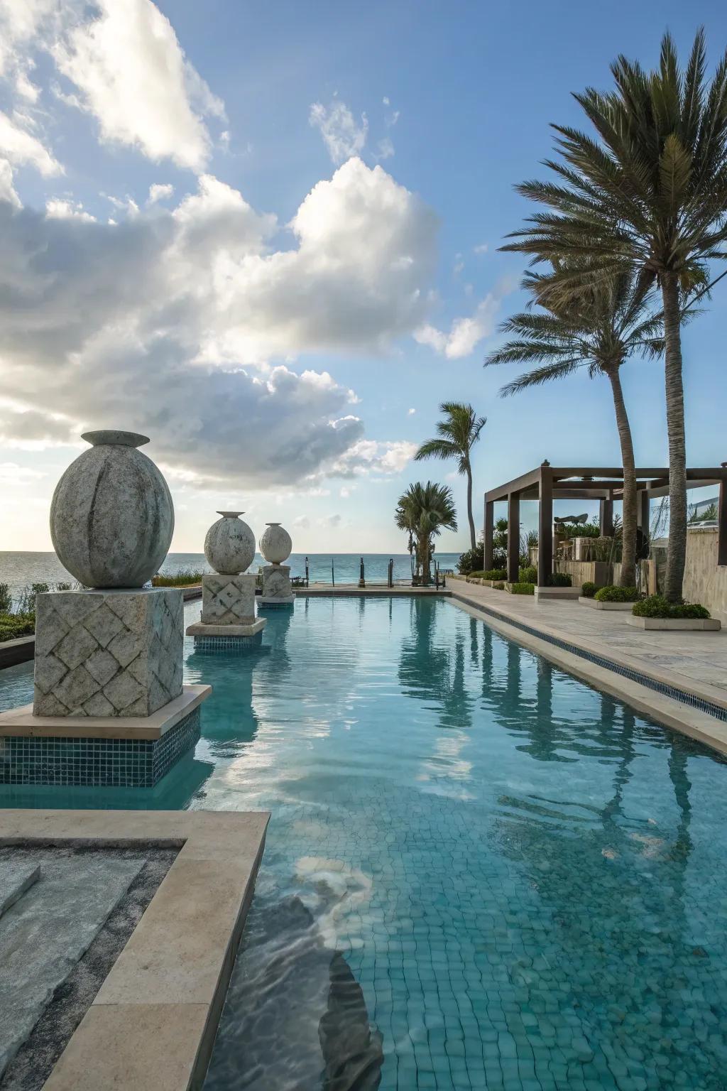 Sculptural art specimens append an artistic flair to the poolside.