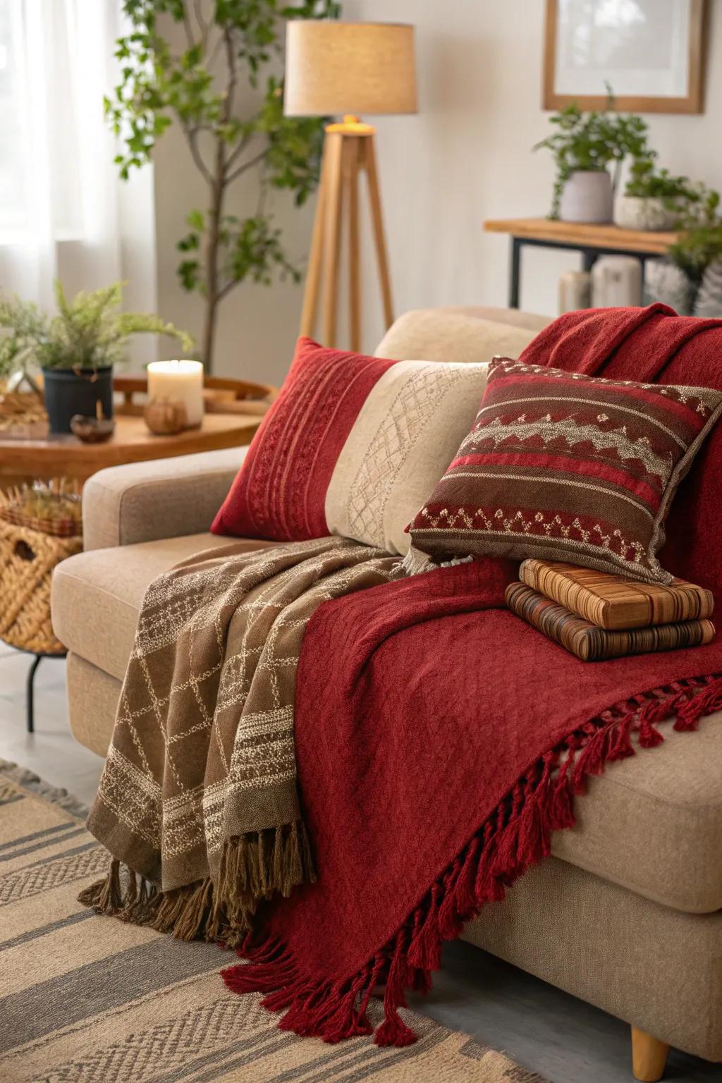 Layered fabrics add depth and warmth to a living room.