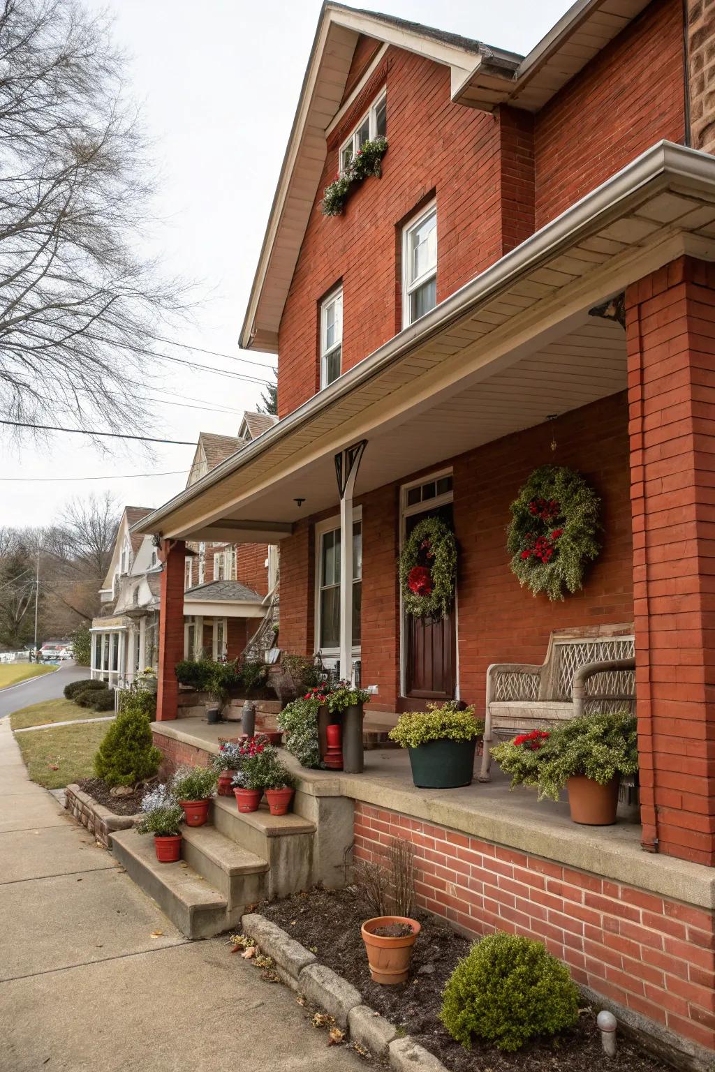 Seasonal adornments introduce charm to this red brick house.