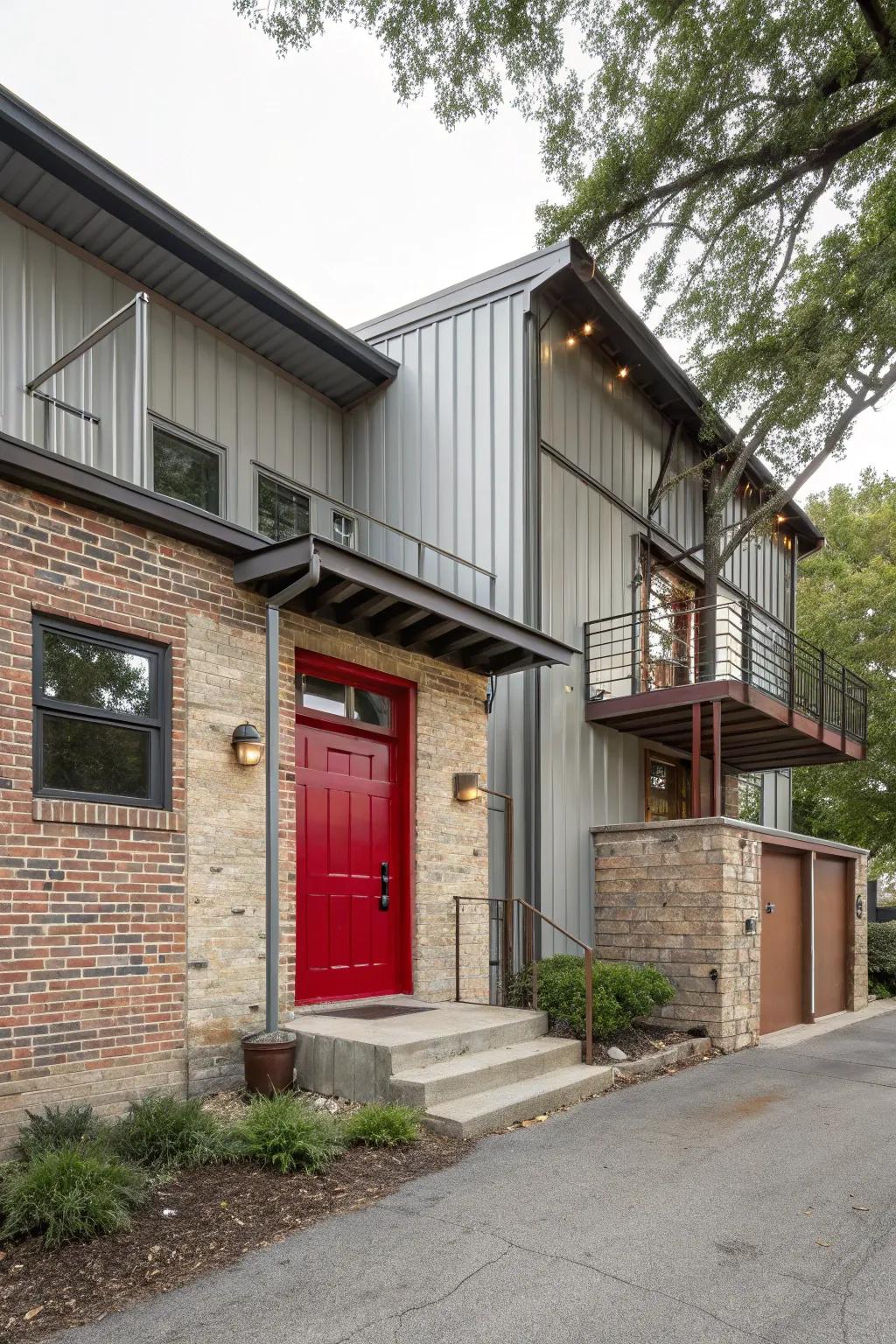 Industrial home featuring a red entrance, adding warmth to the edgy design.