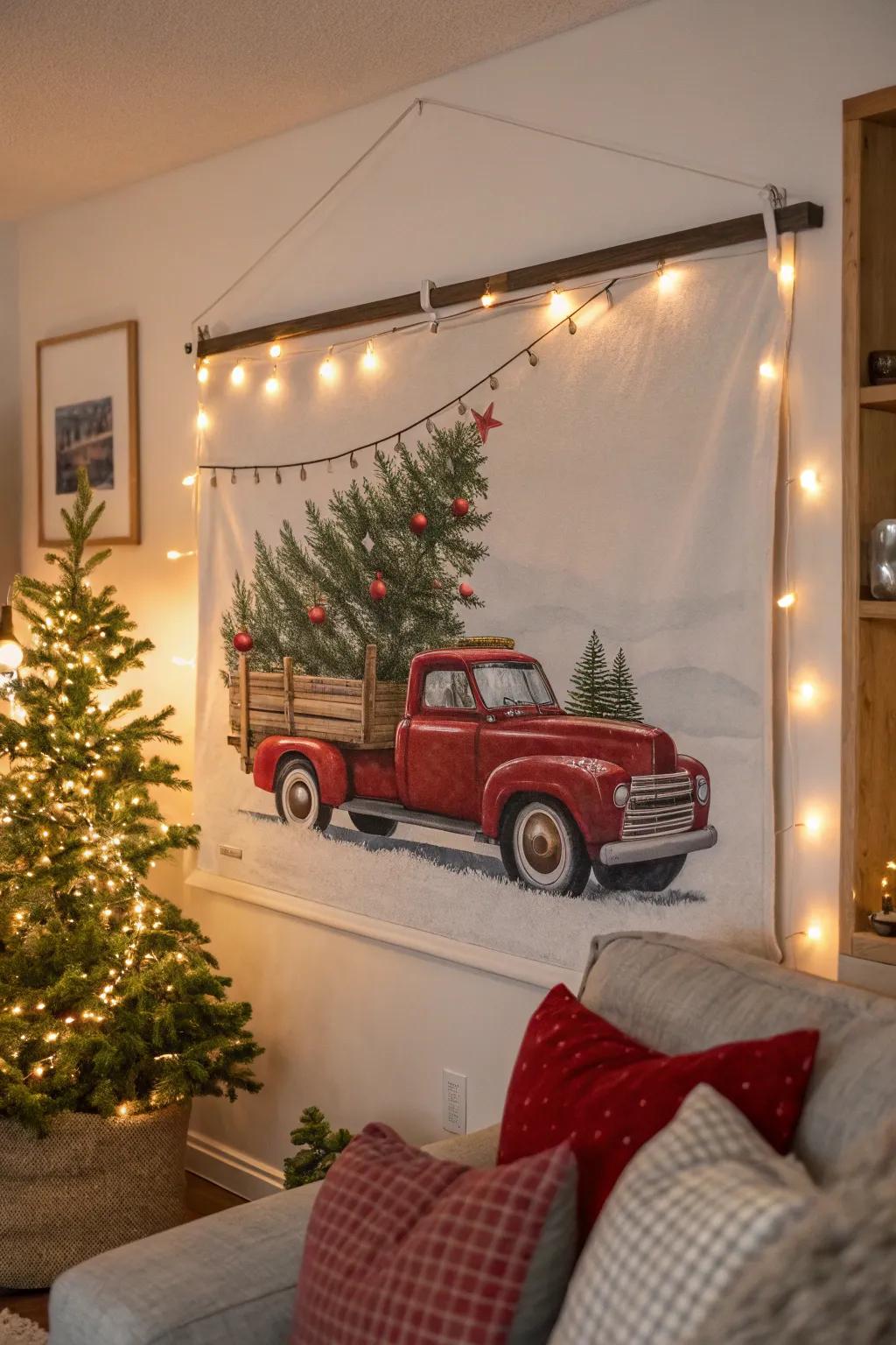 Festive wall artistry showcasing a crimson pickup and Christmas fir.