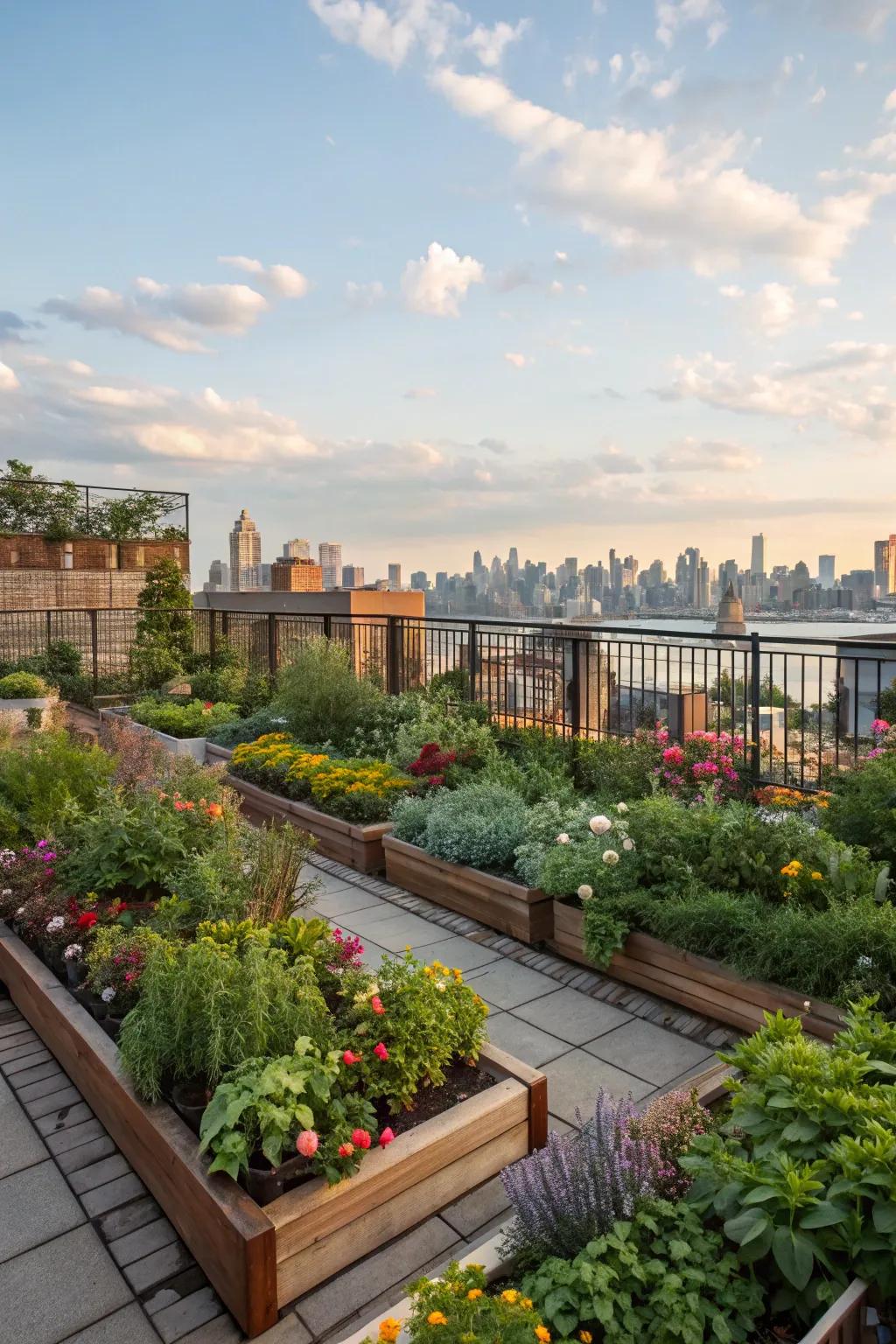 Transform your rooftop deck into a lush garden oasis, complete with vibrant plants and fragrant herbs.