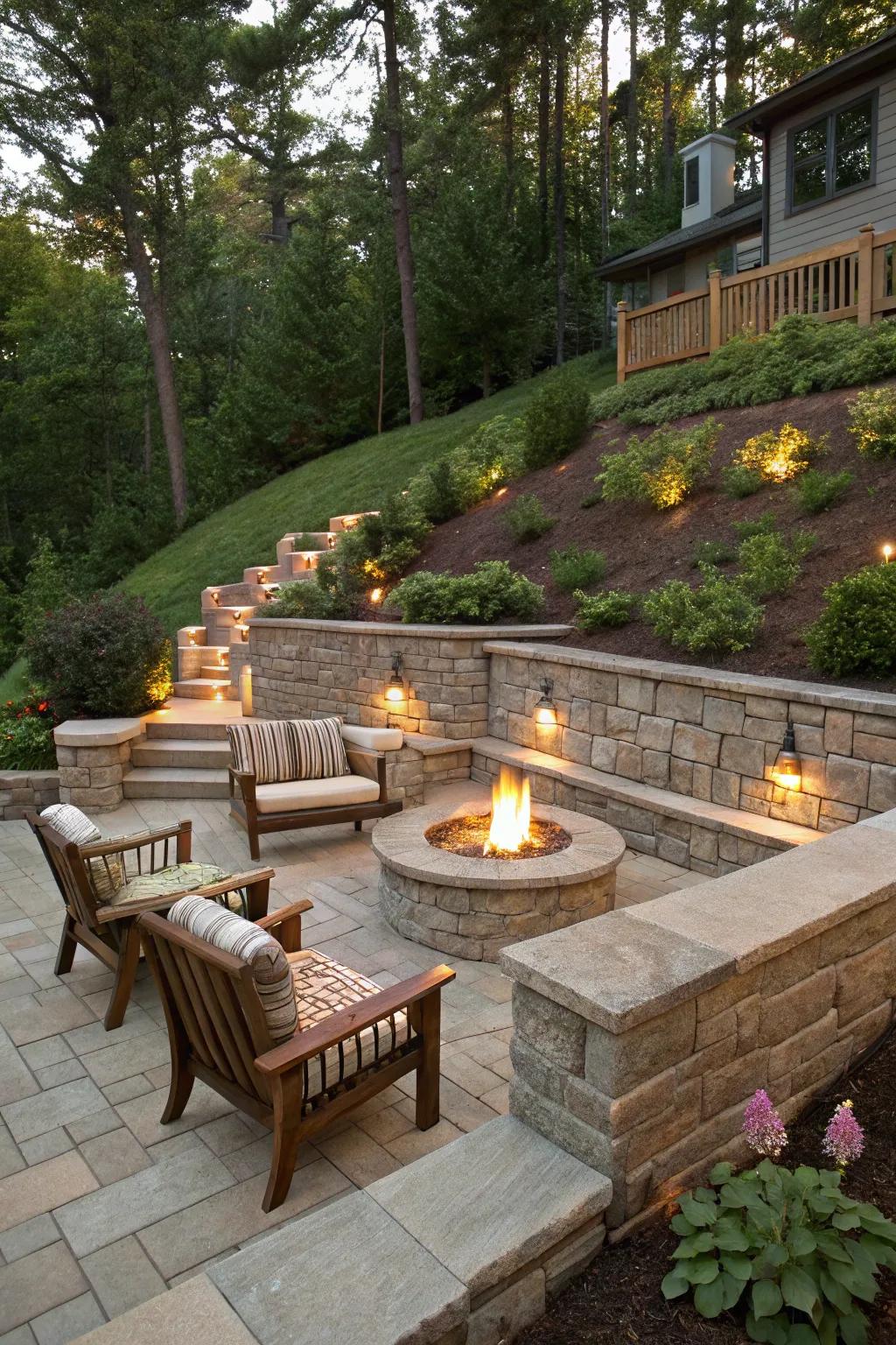 Fire pits offer warmth and serve as a point of convergence for retaining wall designs.