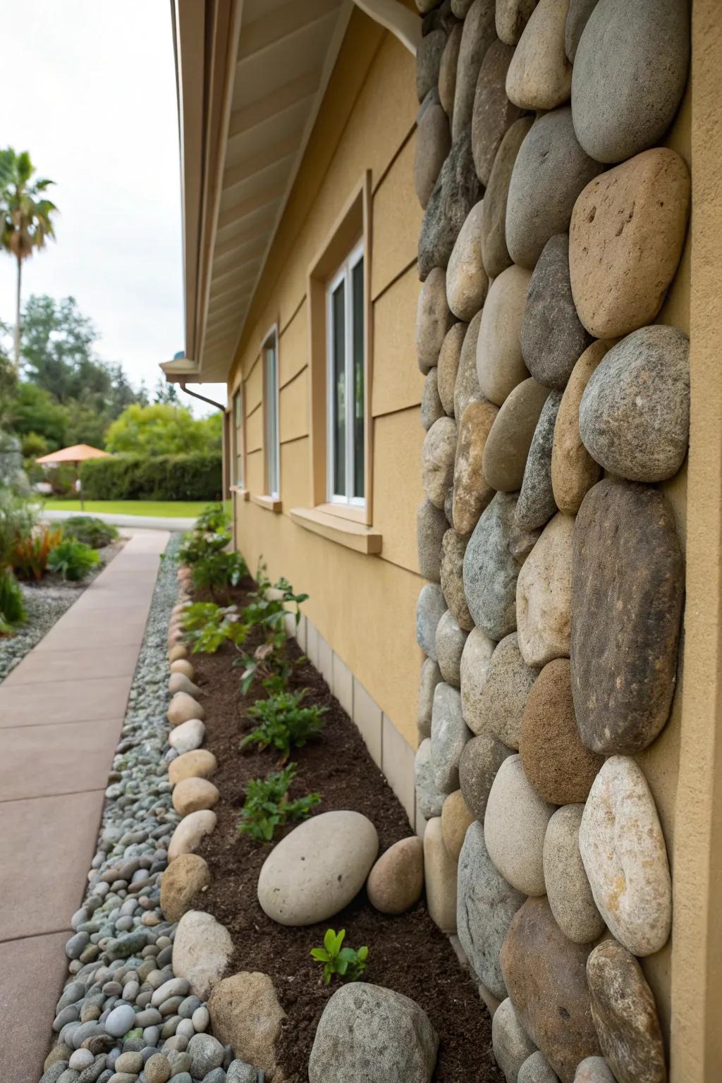 An artful shoreline stone layout enriches beauty and safeguarding of this home's foundation.