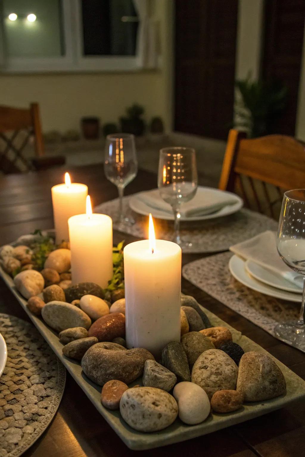 Candles and rocks adding warmth to a dining setup
