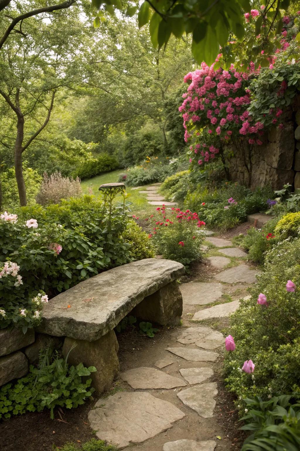 An organic stone bench delivering a cozy seating area in a garden.