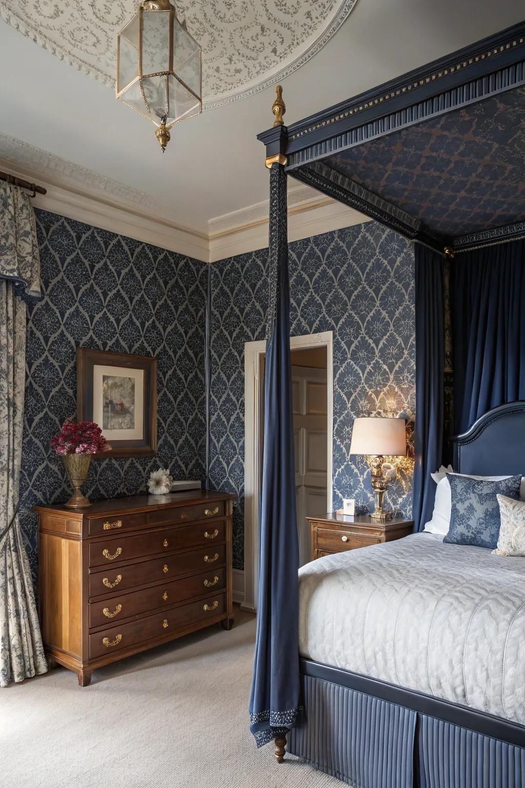 Textured wall coverings append refinement and depth to walls painted in deep indigo.