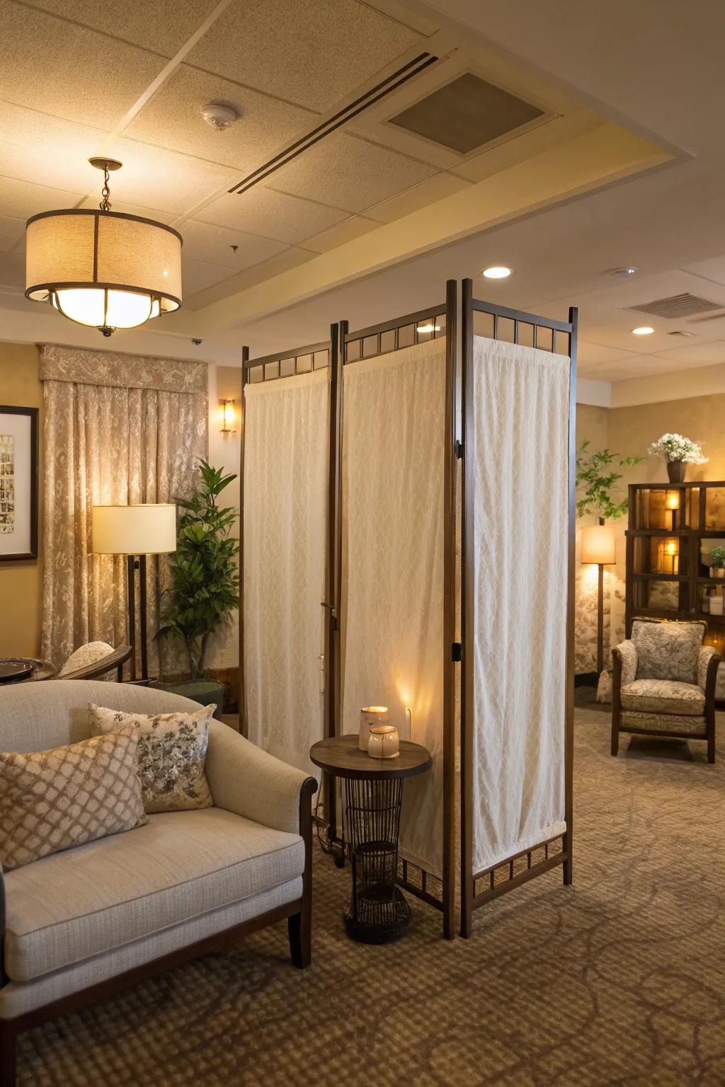 Fabric screens offer a lightweight and colorful way to enhance and divide spaces.